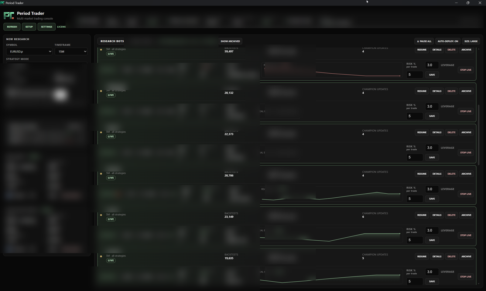 The Period Trader console: research bots, positions and risk guards