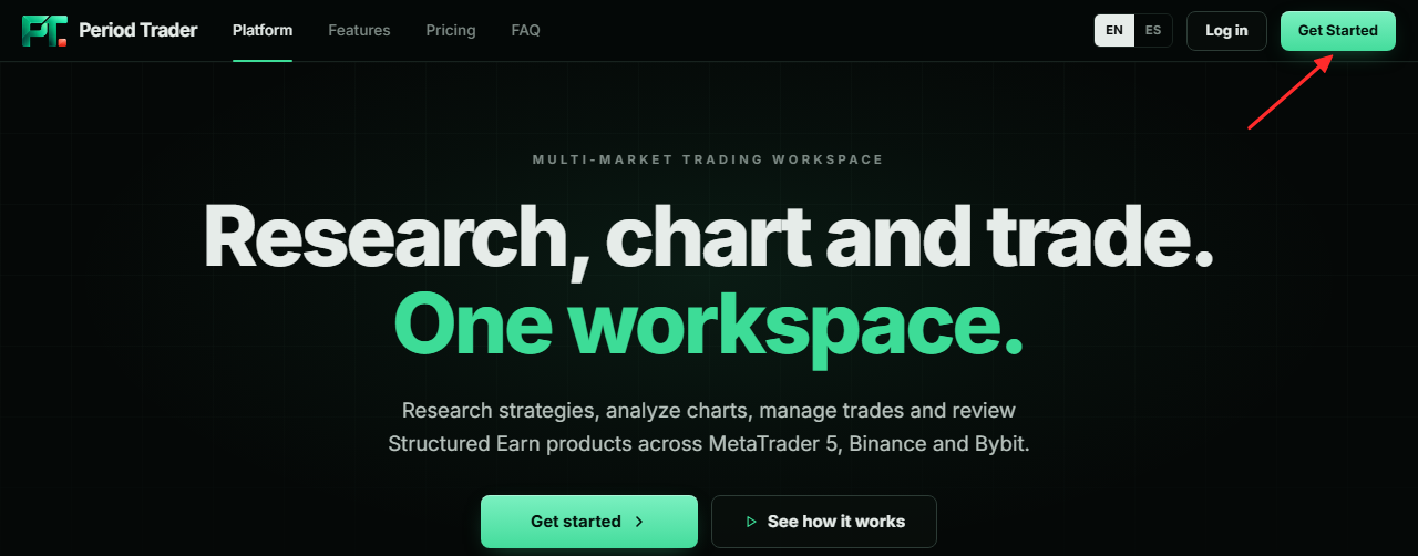 The home page with the Get Started button, which opens the pricing page