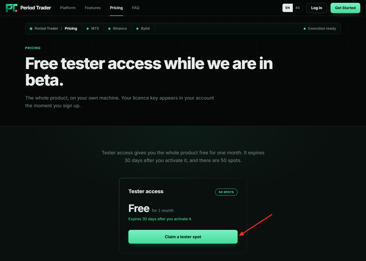 The pricing page: the tester plan, free for one month, with the Claim a tester spot button