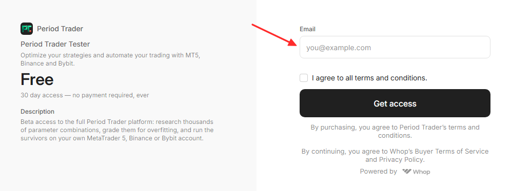 The Whop checkout asking for an email address