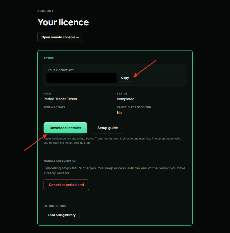 The account page showing the licence key and the Download installer button