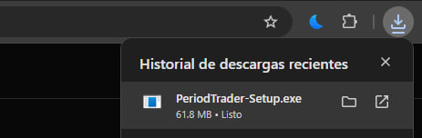 The browser download list with PeriodTrader-Setup.exe finished