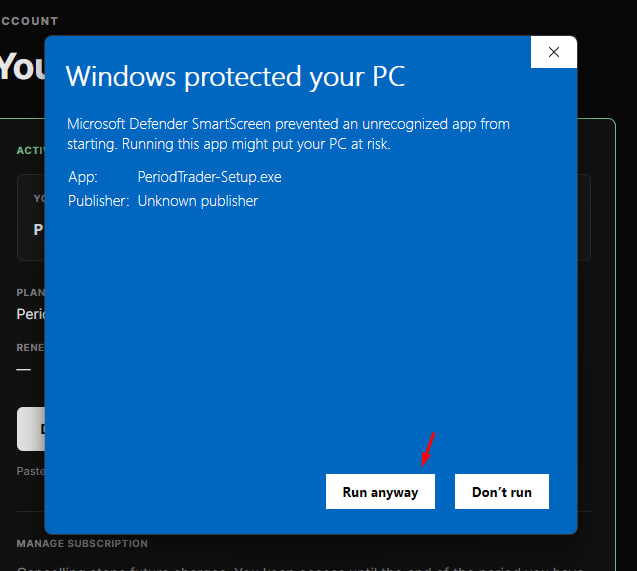 The same warning expanded, showing the Run anyway button