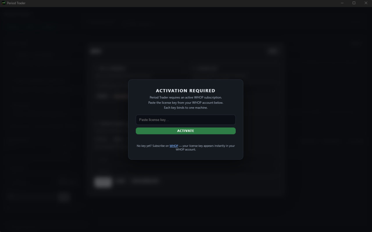 The Period Trader first-run screen asking for the licence key